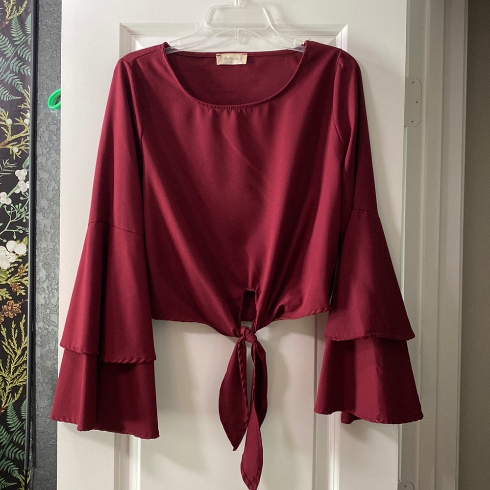Small Maroon Bell Sleeve Tie Front Top